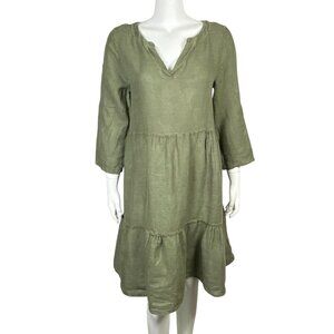 Francesca Bettini 100% Linen Tiered Smock Dress Womens M Green V Neck Made Italy